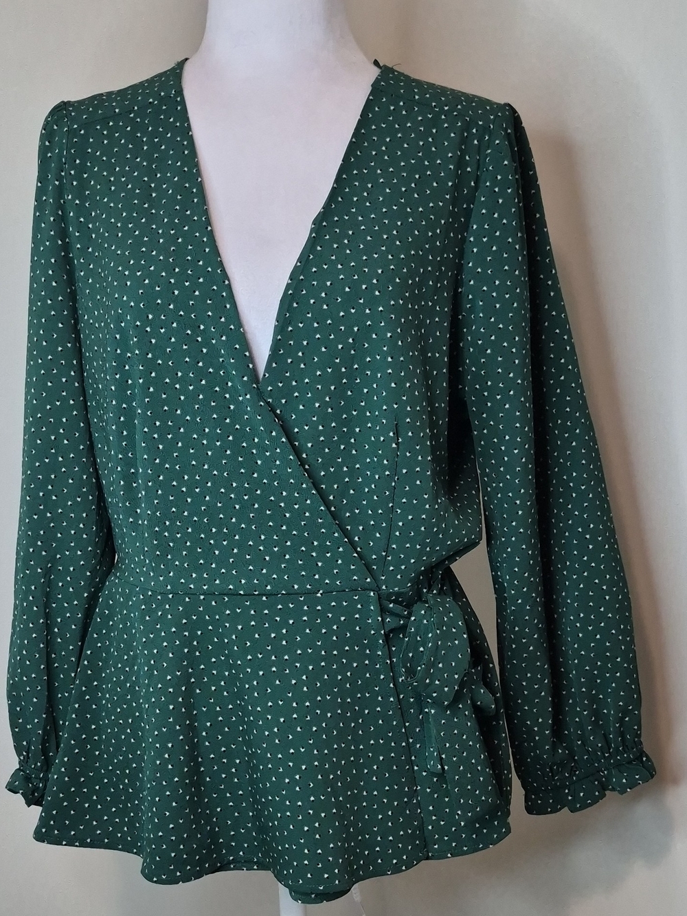 PLM Women's Green Wrap Blouse with Mini Dot Print SIZE L